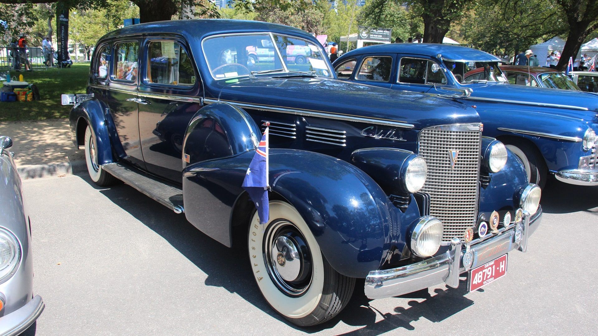 A parked 1938 Cadillac Series 75 Limousine on display