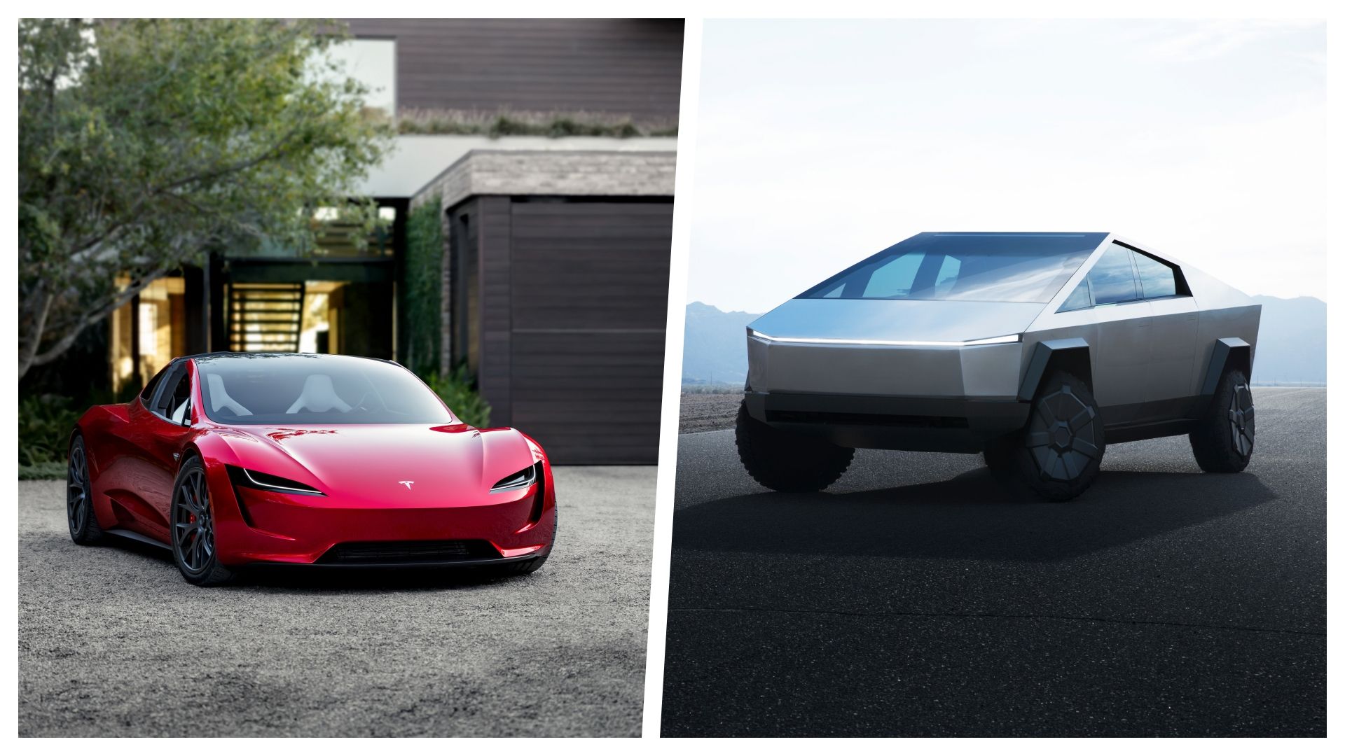 Uma colagem do Tesla Roadster e Tesla Cybertruck