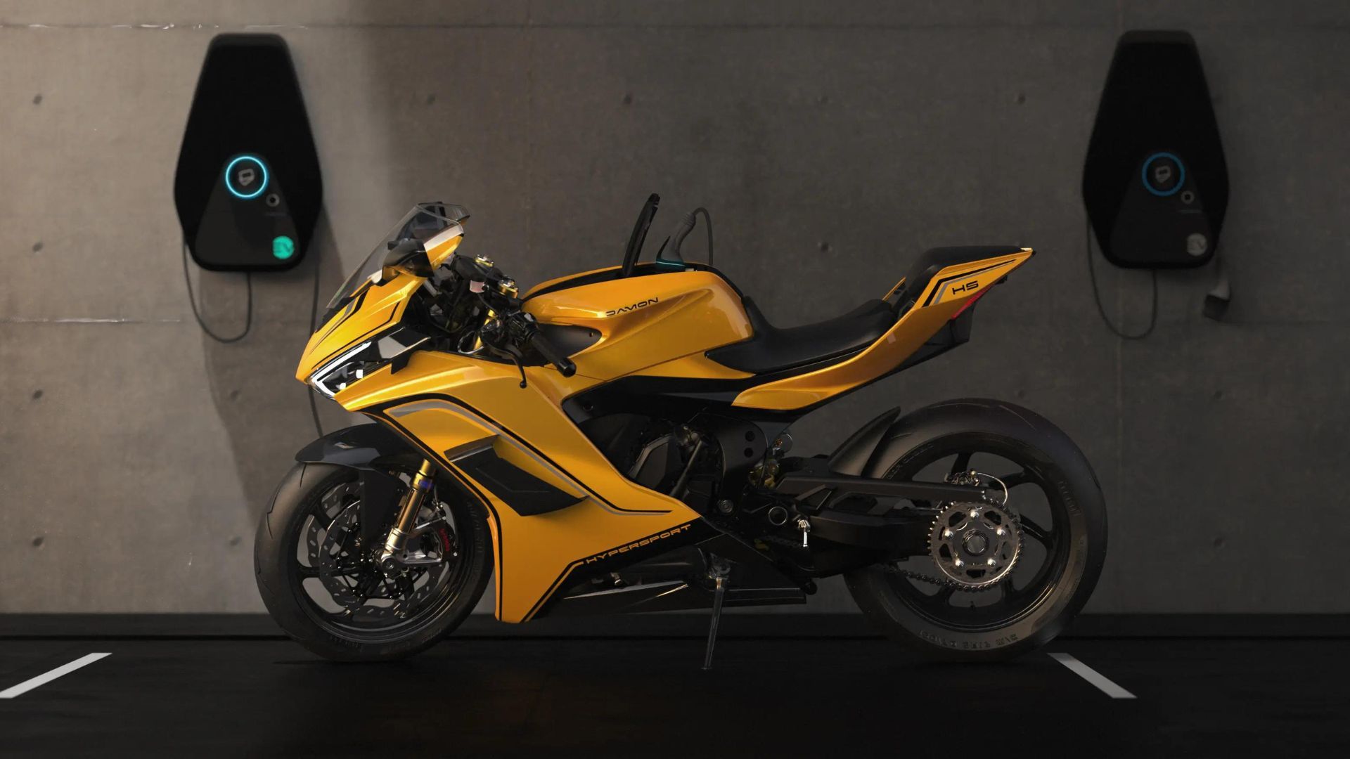 Yellow Damon Hypersport Premier electric motorcycle