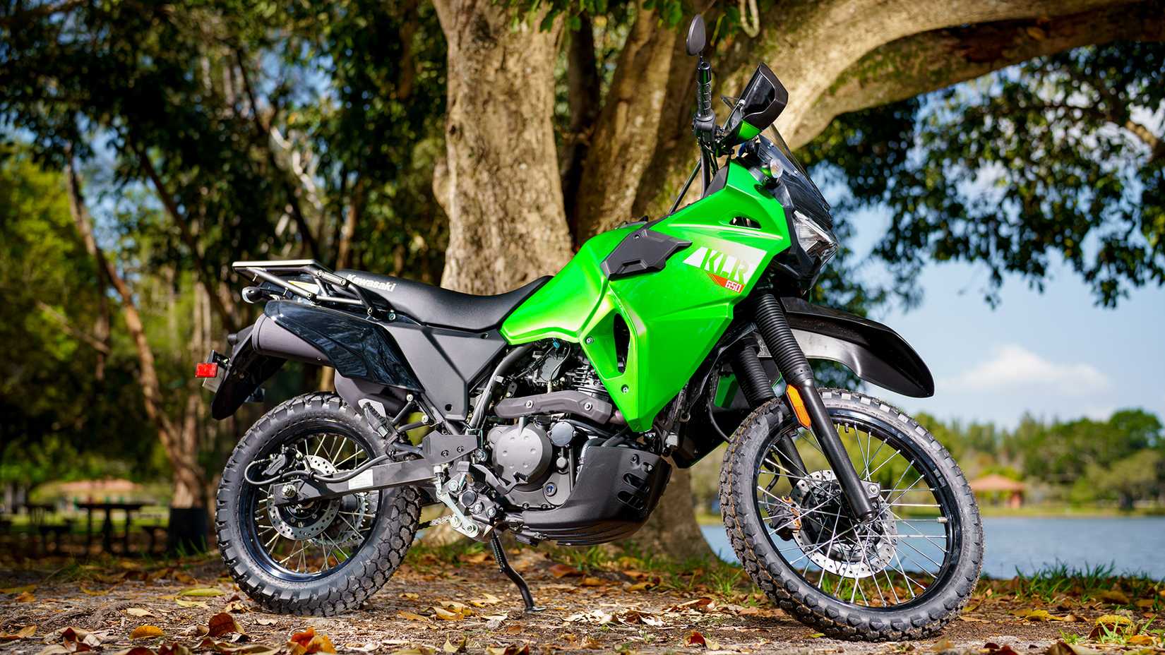 Green 2023 Kawasaki KLR650 at the lake