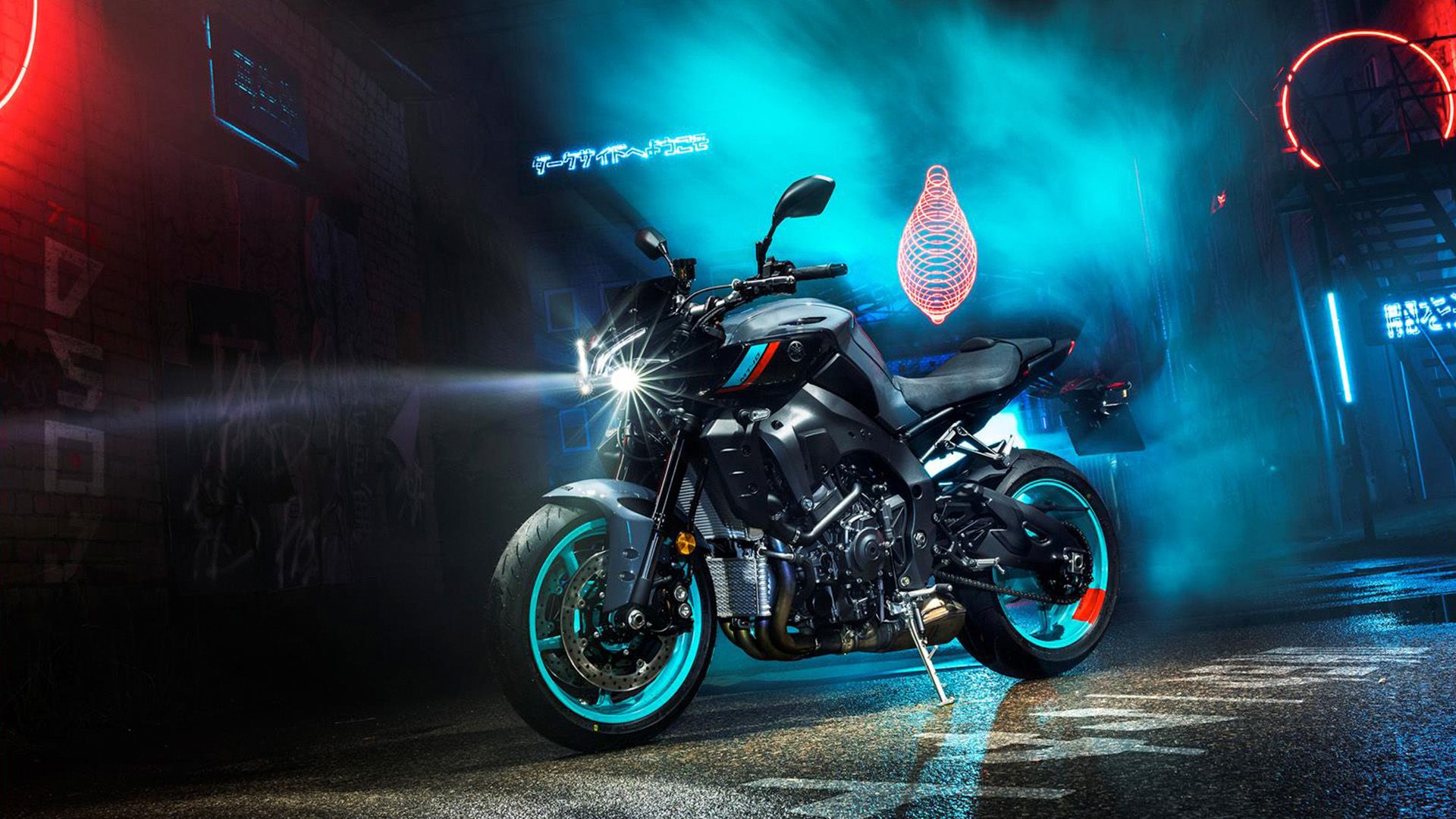 2023 YAMAHA MT-10 naked bike in a foggy street alley at night.