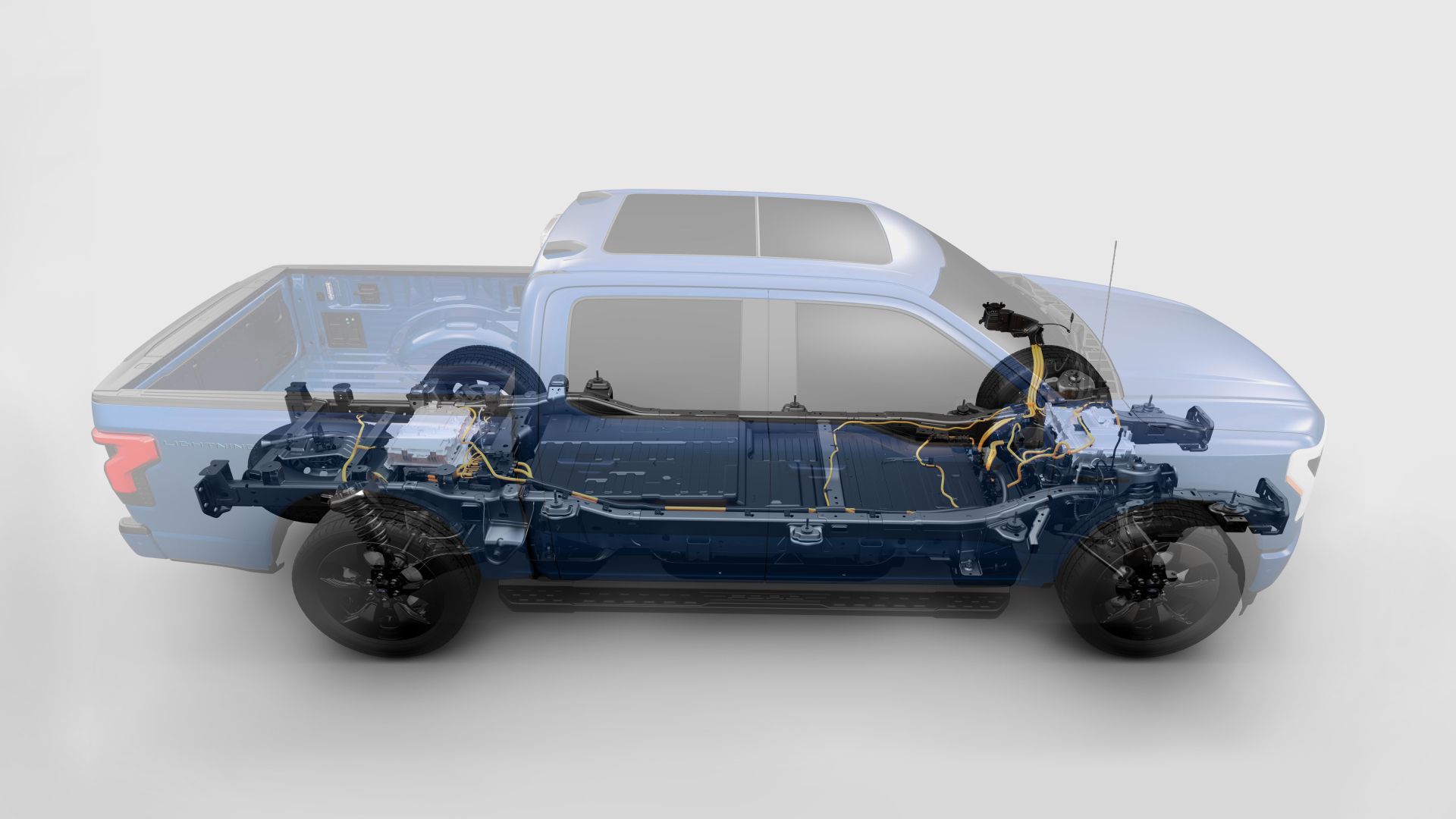 A seethrough image of F-150 Lightning showing its electric powertrain