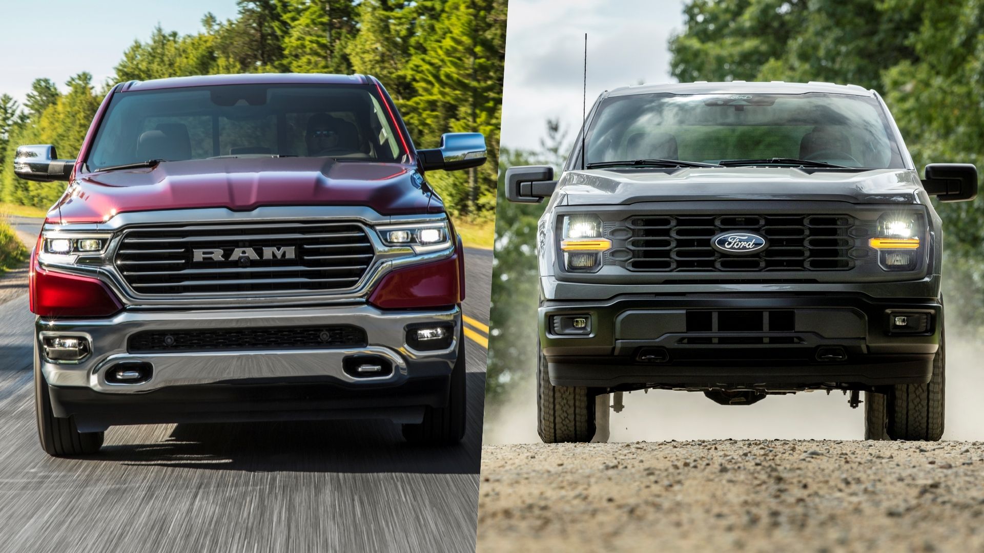 Uma colagem frontal de um RAM Longhorn Ecodiesel 2023 e um Ford F-150 STX 2023