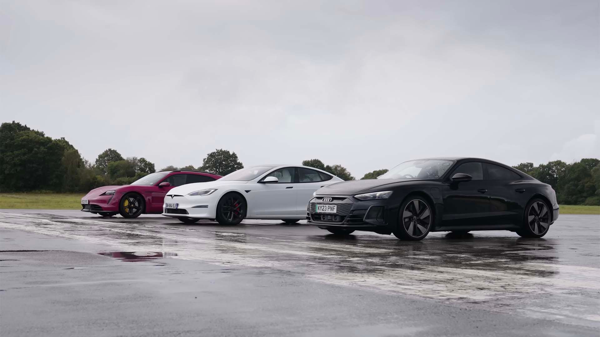 Tesla Model S Plaid with Track Package challenging a Porsche Taycan Turbo S and Audi RS e-tron GT