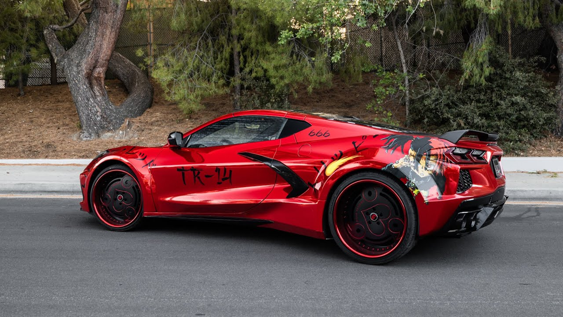 Trippie Redd's Custom Widebody C8 Corvette in Chrome Red Wrap