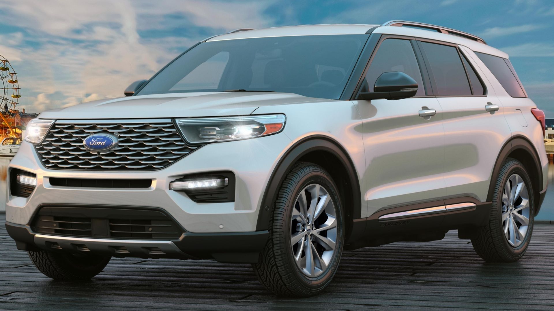 2023 Ford Explorer shown at a pier in front three quarter angle
