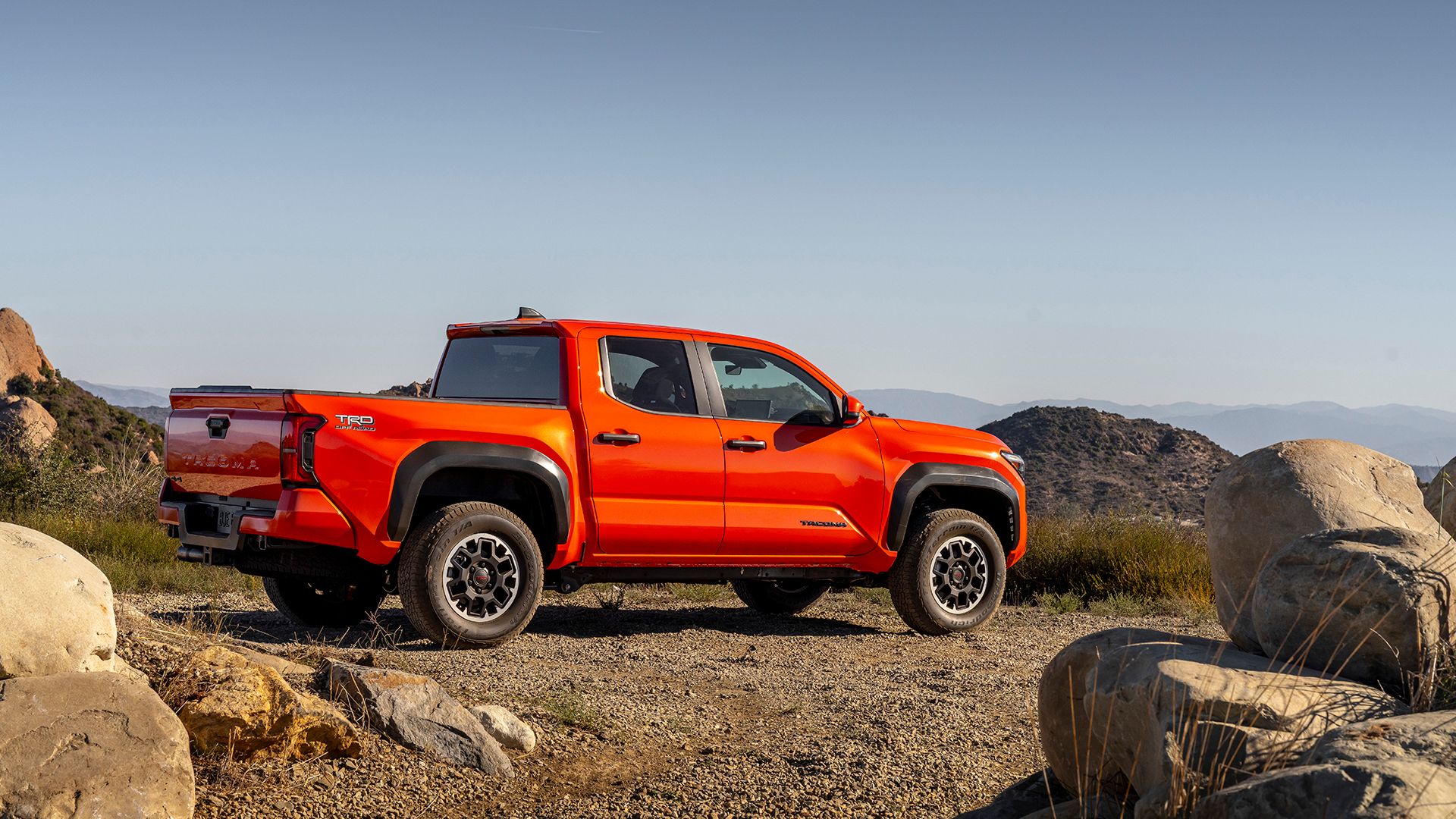 Rear 3/4 view of a 2024 Toyota Tacoma TRD Off-Road