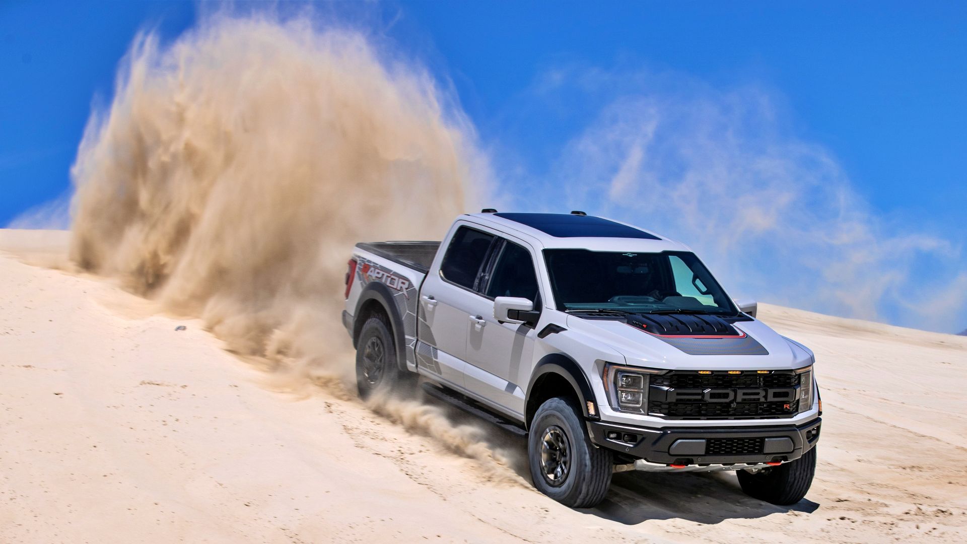 Front 3/4 action shot of the 2023 Ford F-150 Raptor R