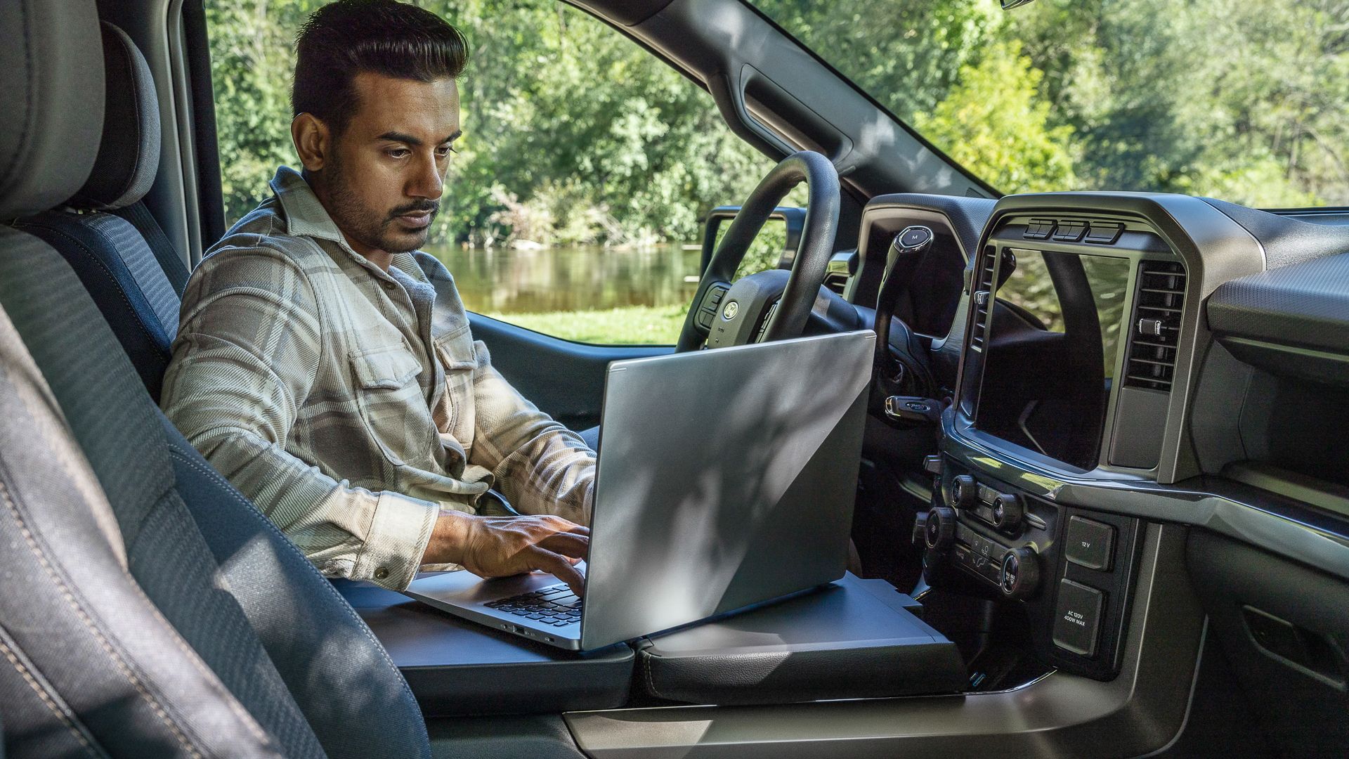 The flat workspace in the cabin of the 2024 Ford F-150