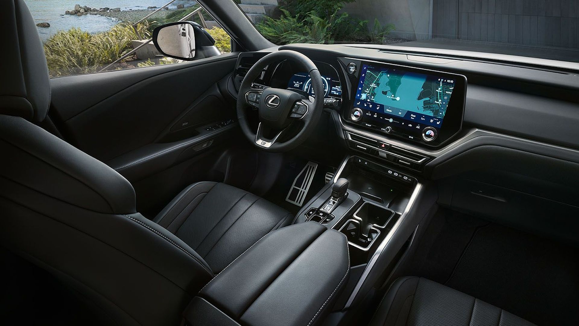 Overhead view of the front row of a 2024 Lexus TX with black interior 