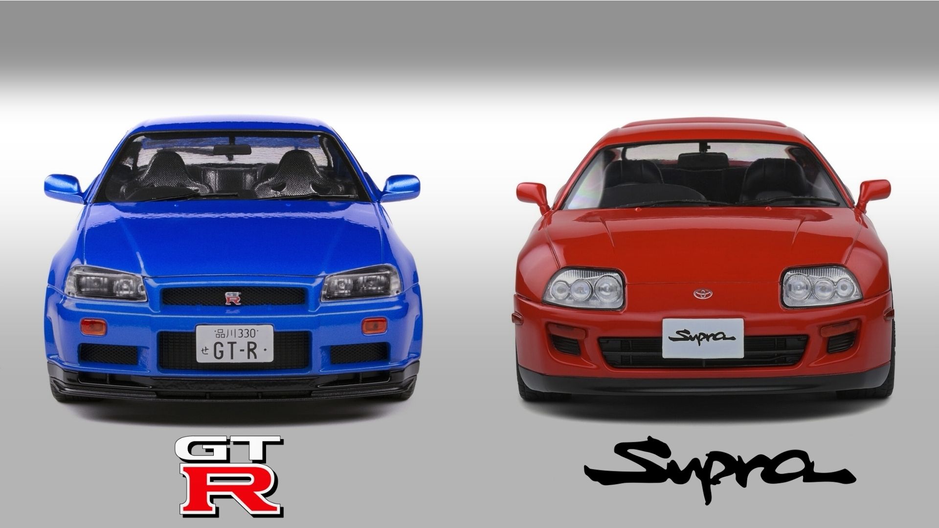 Bayside Blue R34 Nissan GT-R and Red Toyota Supra (A80) 
