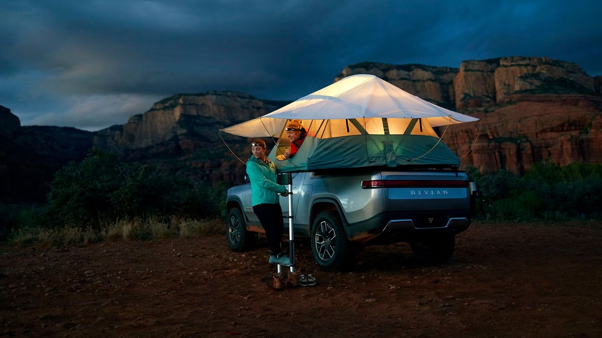 Silver 2023 Rivian R1T Camping