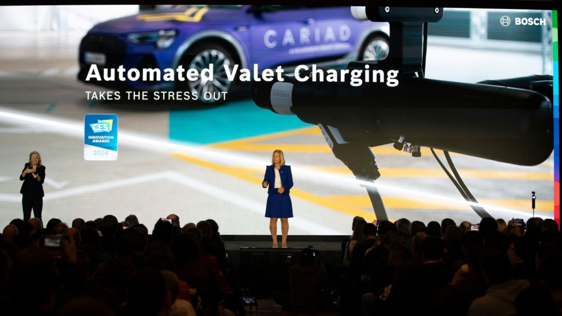 Presentation on stage of the Bosch-Cariad Automated Valet Charging