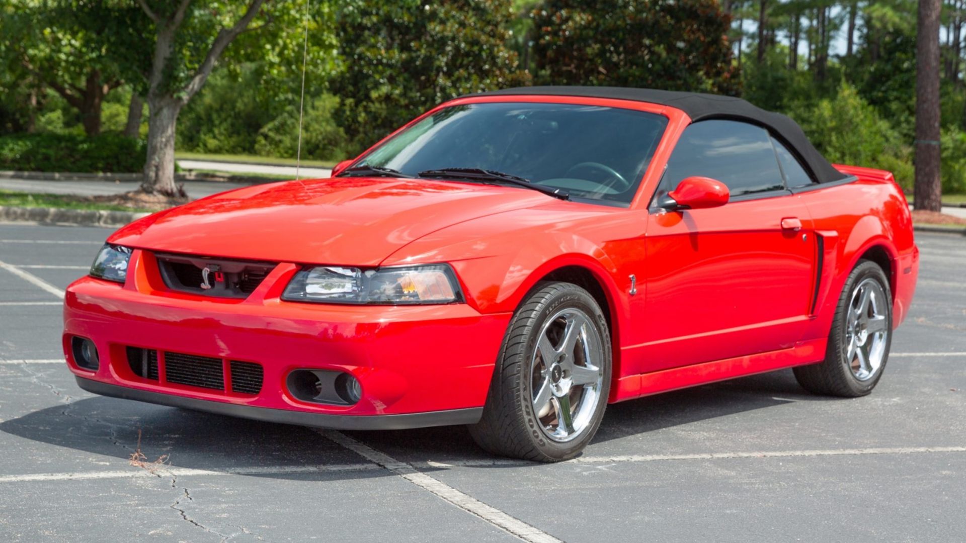 2004 Ford Mustang Cobra SVT in red posing in parking lot