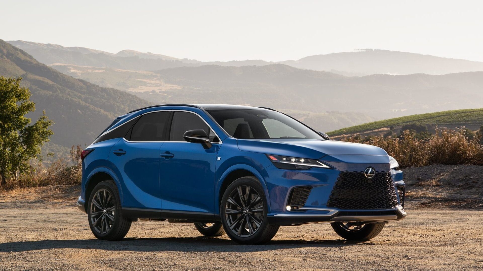 A 2024 RX 500h FSPORT painted Grecian Water.  Parked in a dry climate overlooking mountains.  