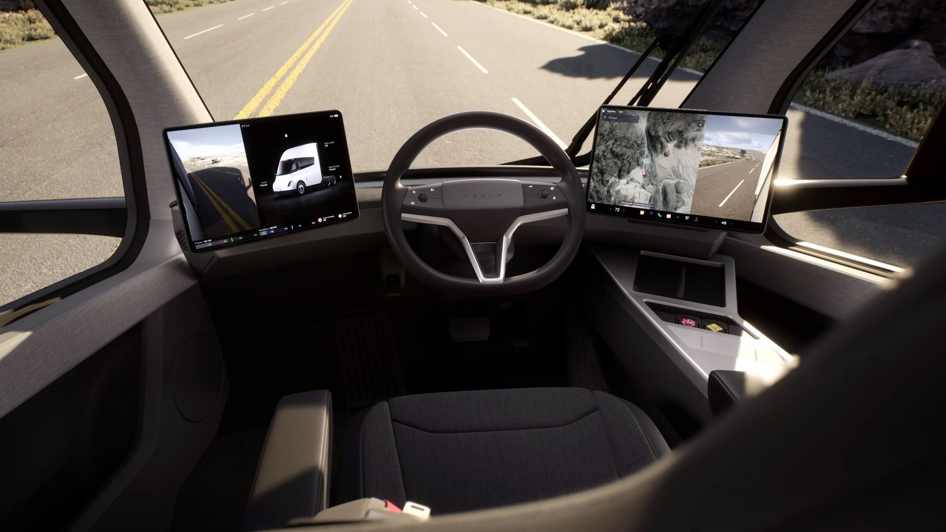 The Tesla SEMI interior featuring screens on the right and left of the central driving position