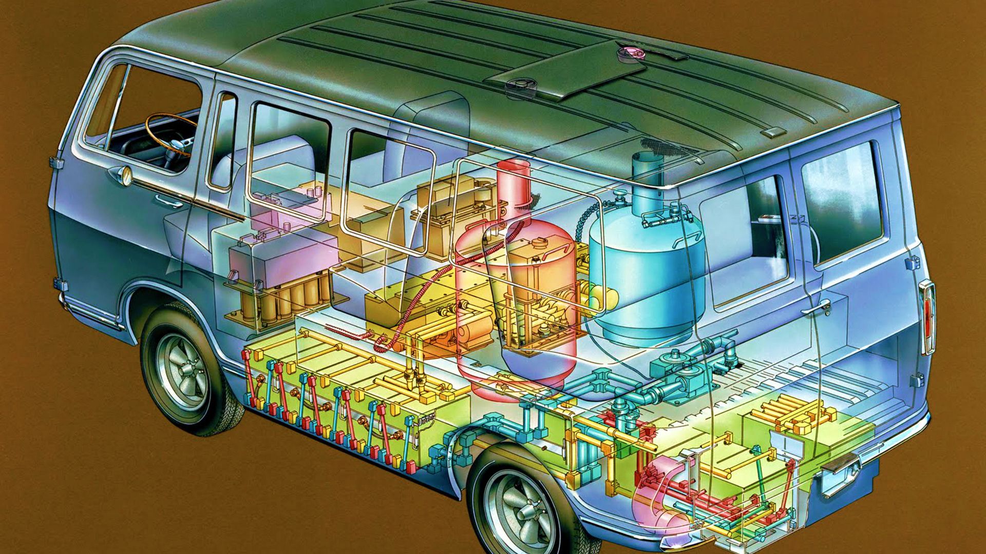 Cutaway view of the General Motors (GM) Electrovan hydrogen fuel cell concept vehicle