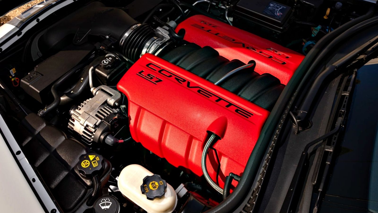 Red 2013 Chevrolet Corvette LS7 engine cover
