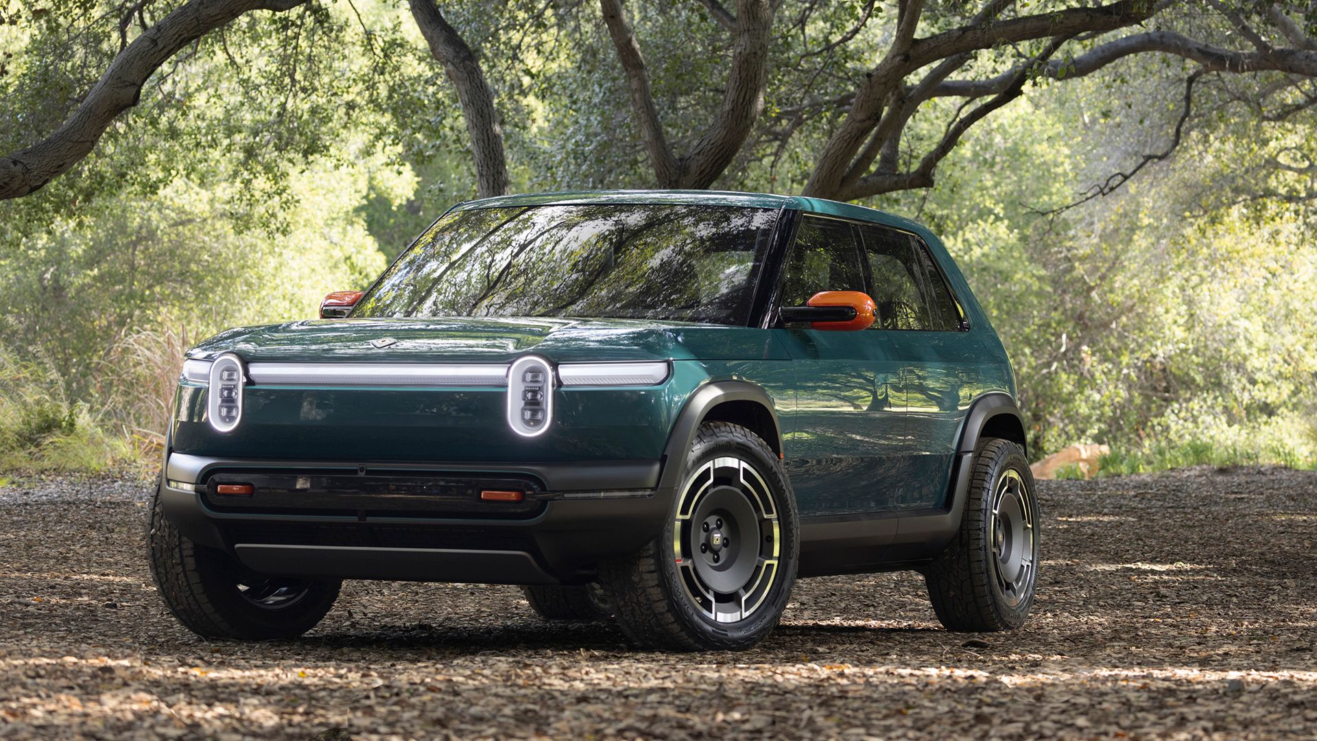 Vista frontal 3/4 de um Rivian R3X