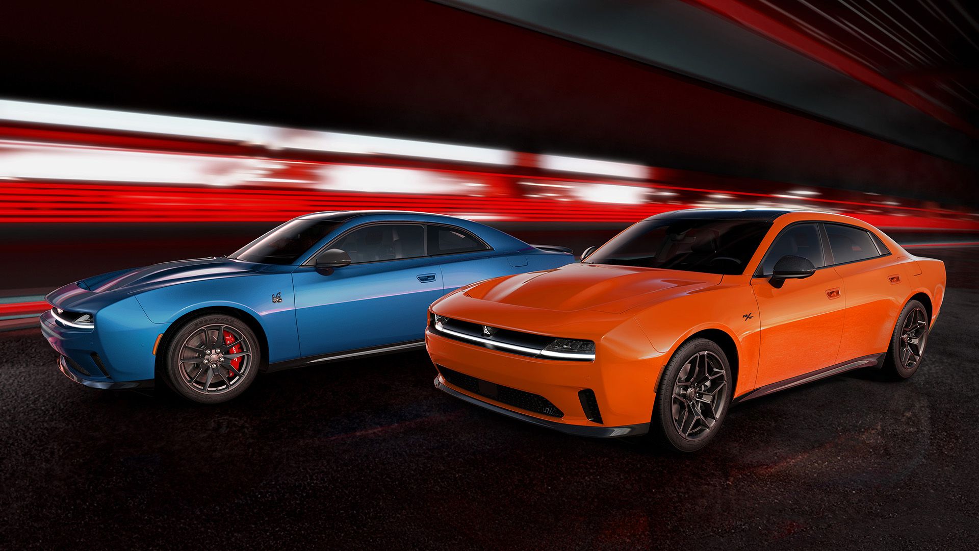 Side-by-side shot of a 2024 Dodge Charger Daytona coupe and sedan