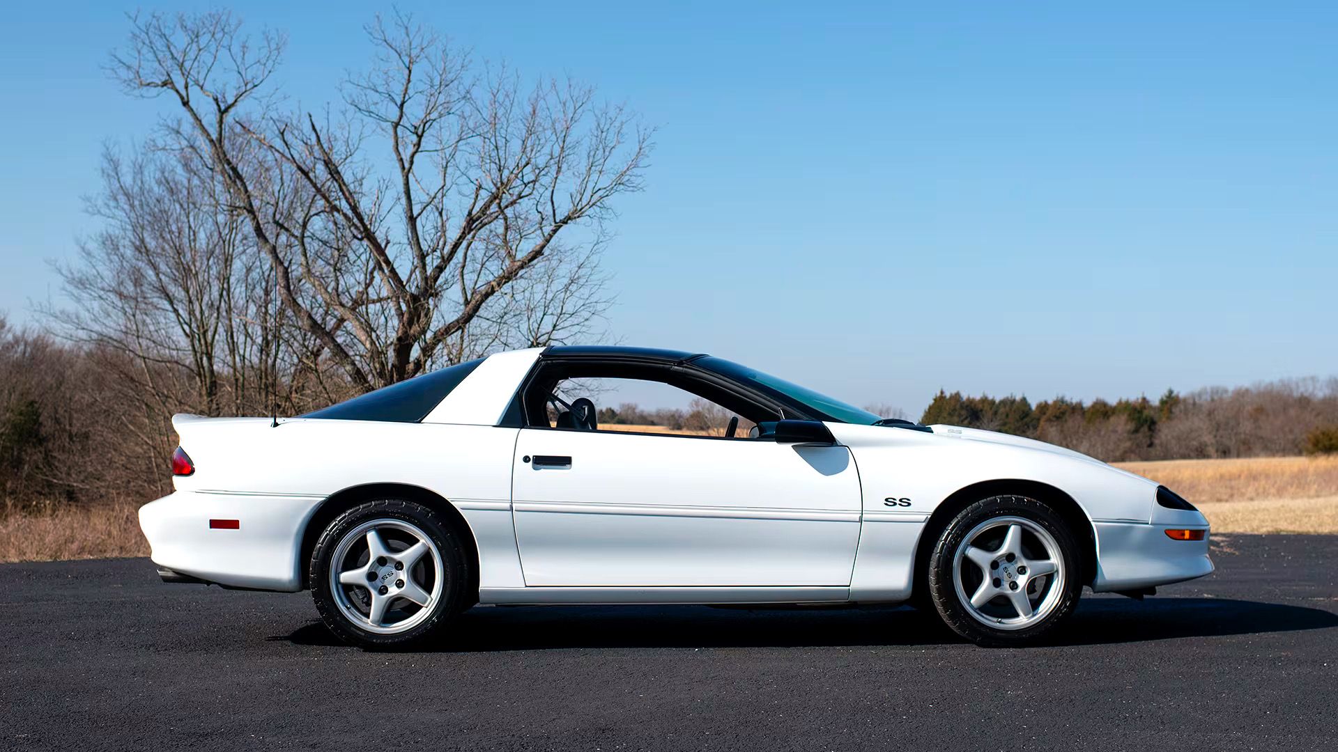 Chevrolet Camaro SS 1996 em branco posando em estrada secundária