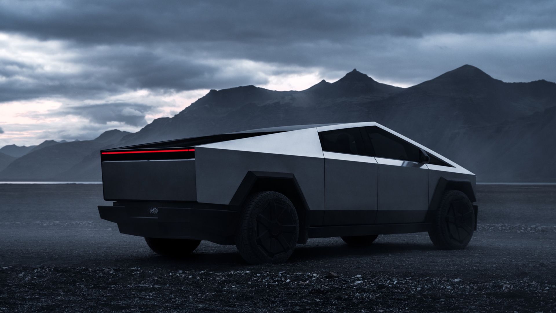 Vista traseira 3/4 do Tesla Cybertruck 2024
