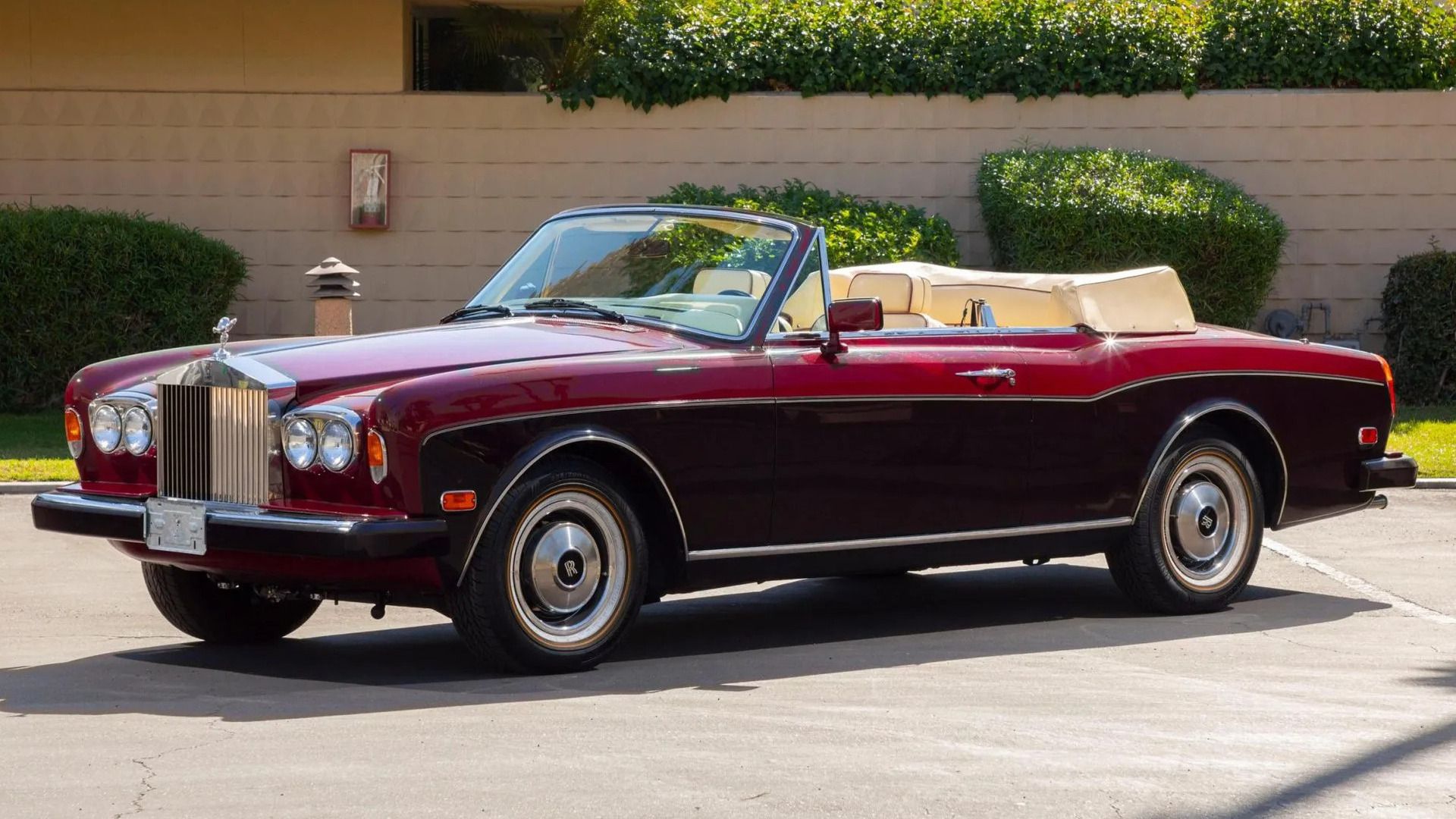 Wine Red 1986 Rolls-Royce Corniche Parked With Roof Down Front 3/4 View