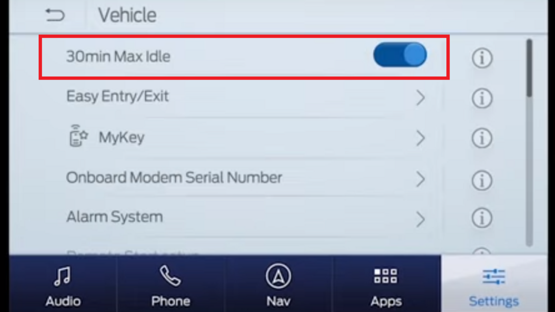 Disable engine shut off by going through Settings then Vehicle then toggle 30min Max Idle to Off