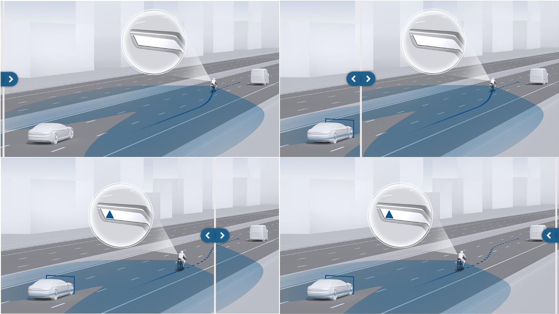  Blind spot detection registers objects in hard-to-see areas and uses an optical signal to warn the rider if the situation becomes dangerous.