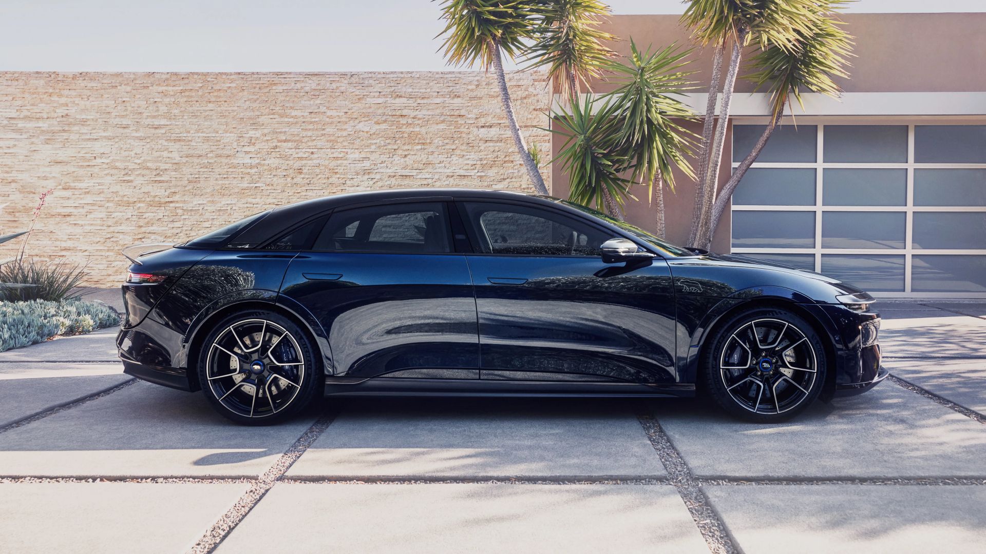Blue Lucid Air Sapphire side profile, parked 