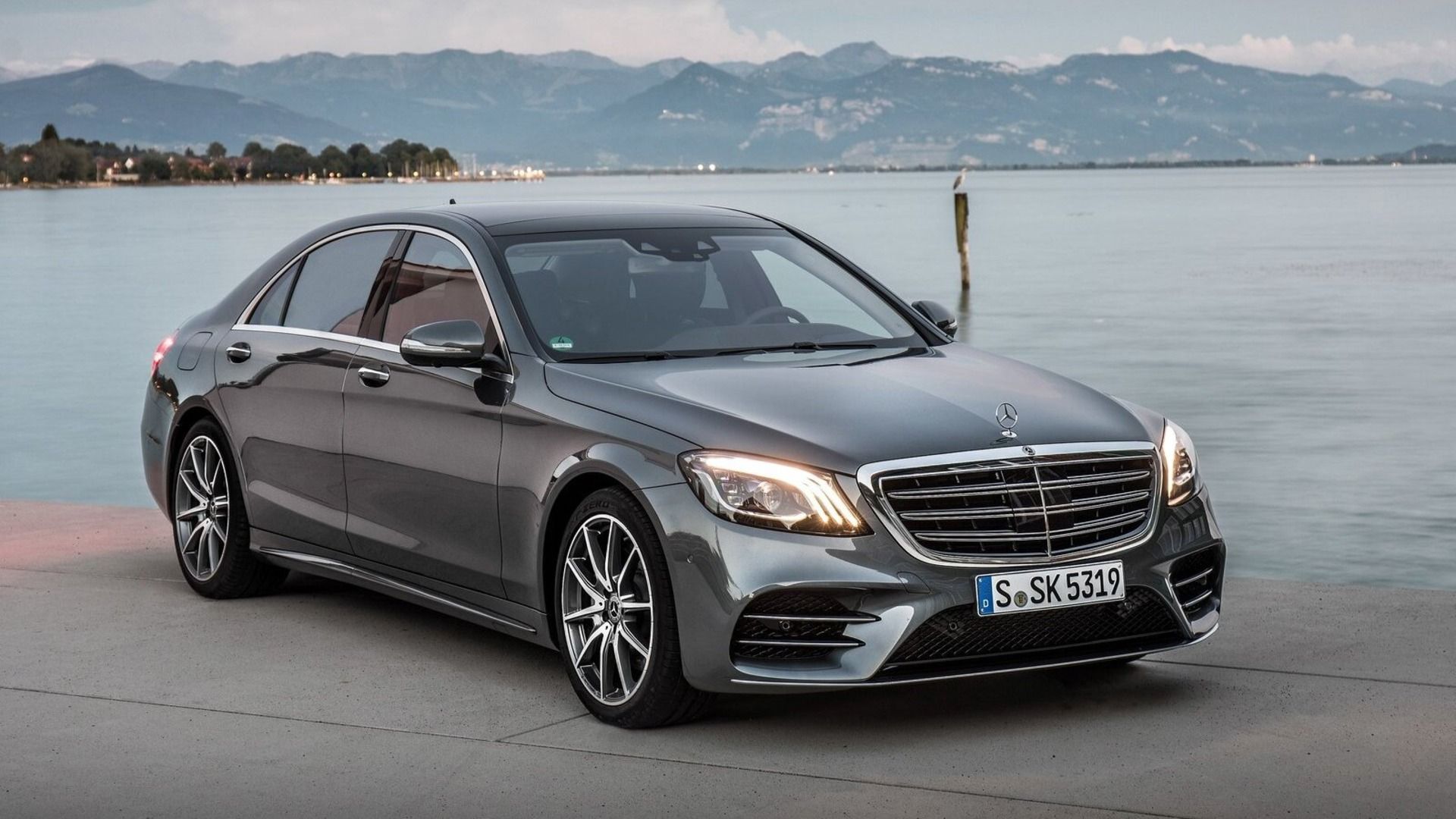 Silver 2018 Mercedes-Benz S-Class Parked Front 3/4 View By The Ocean