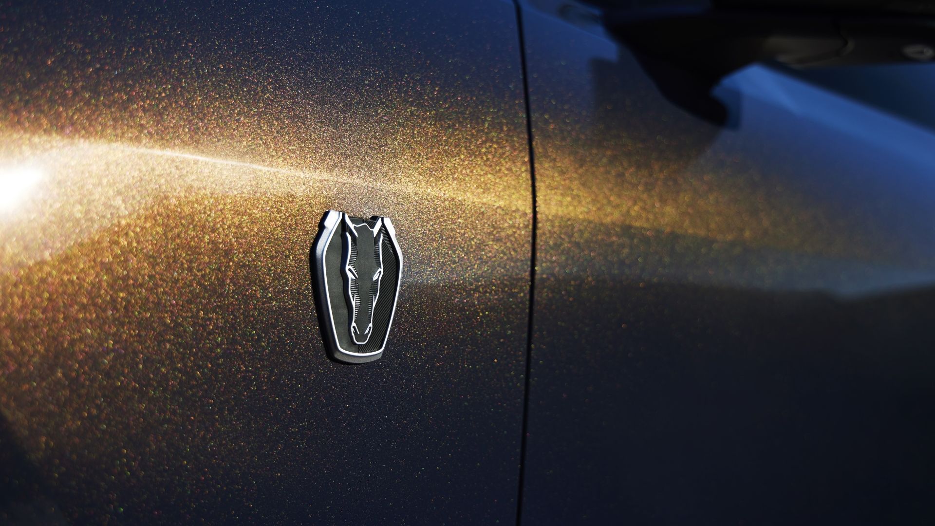 Close up of the new badge on the 2022 Ford Mustang Dark Horse