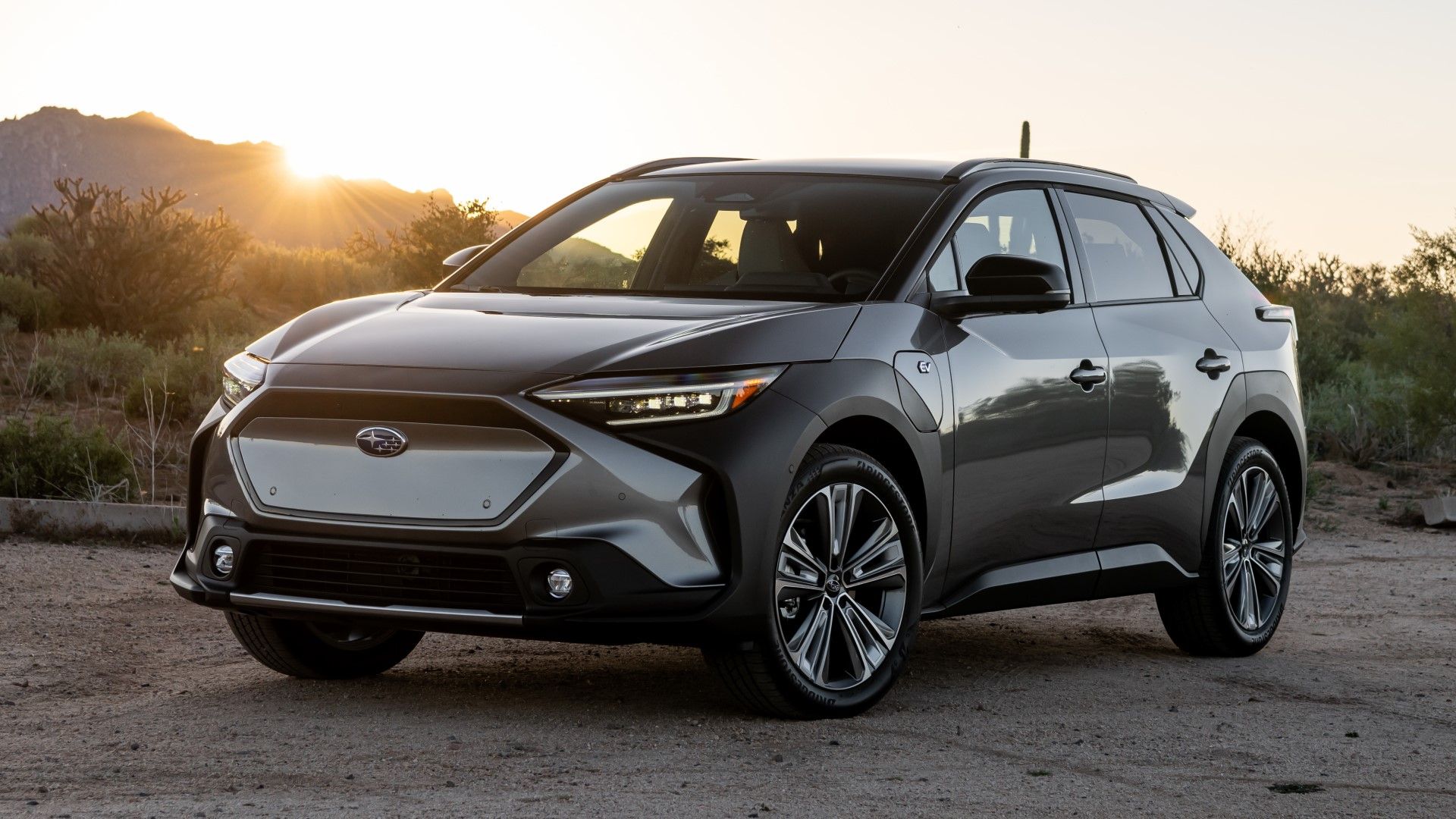 Gray Subaru Solterra front-quarter