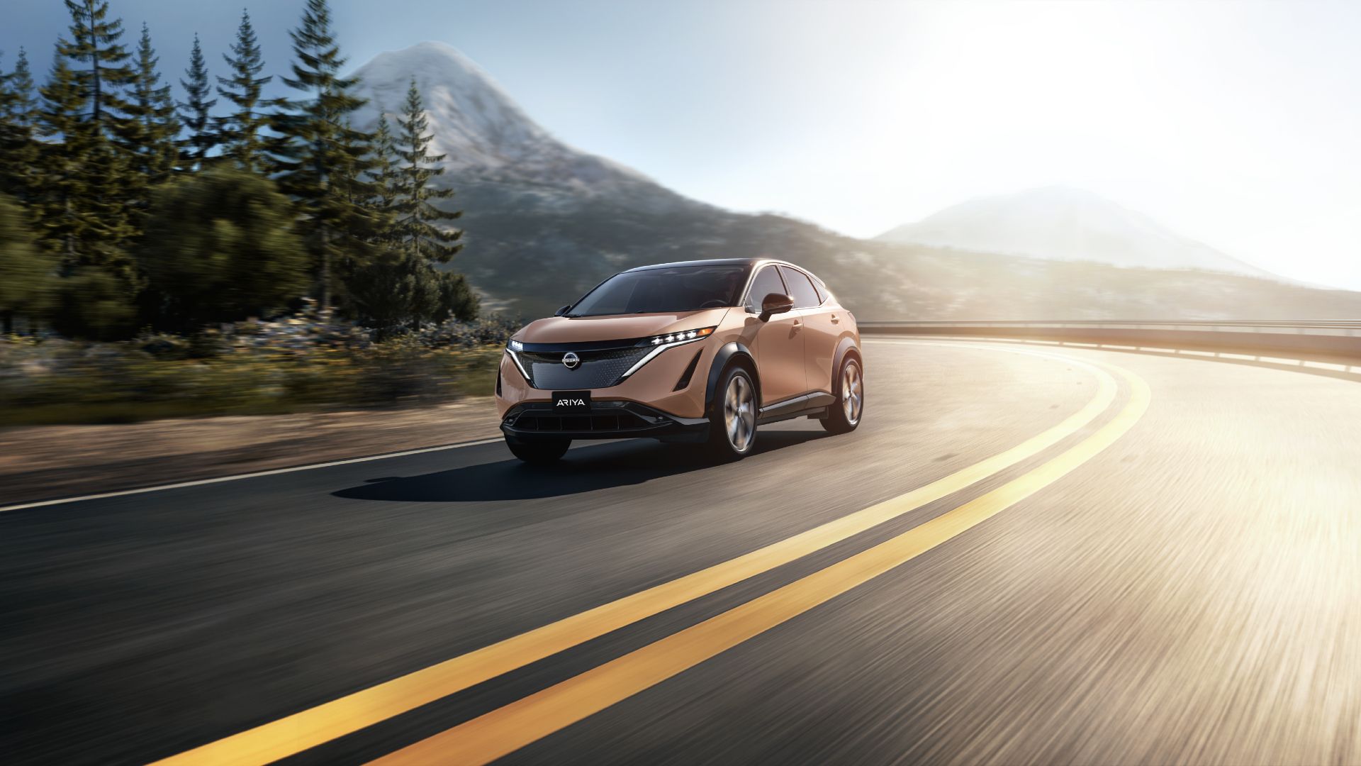 2023 Nissan Ariya who drives over a road.