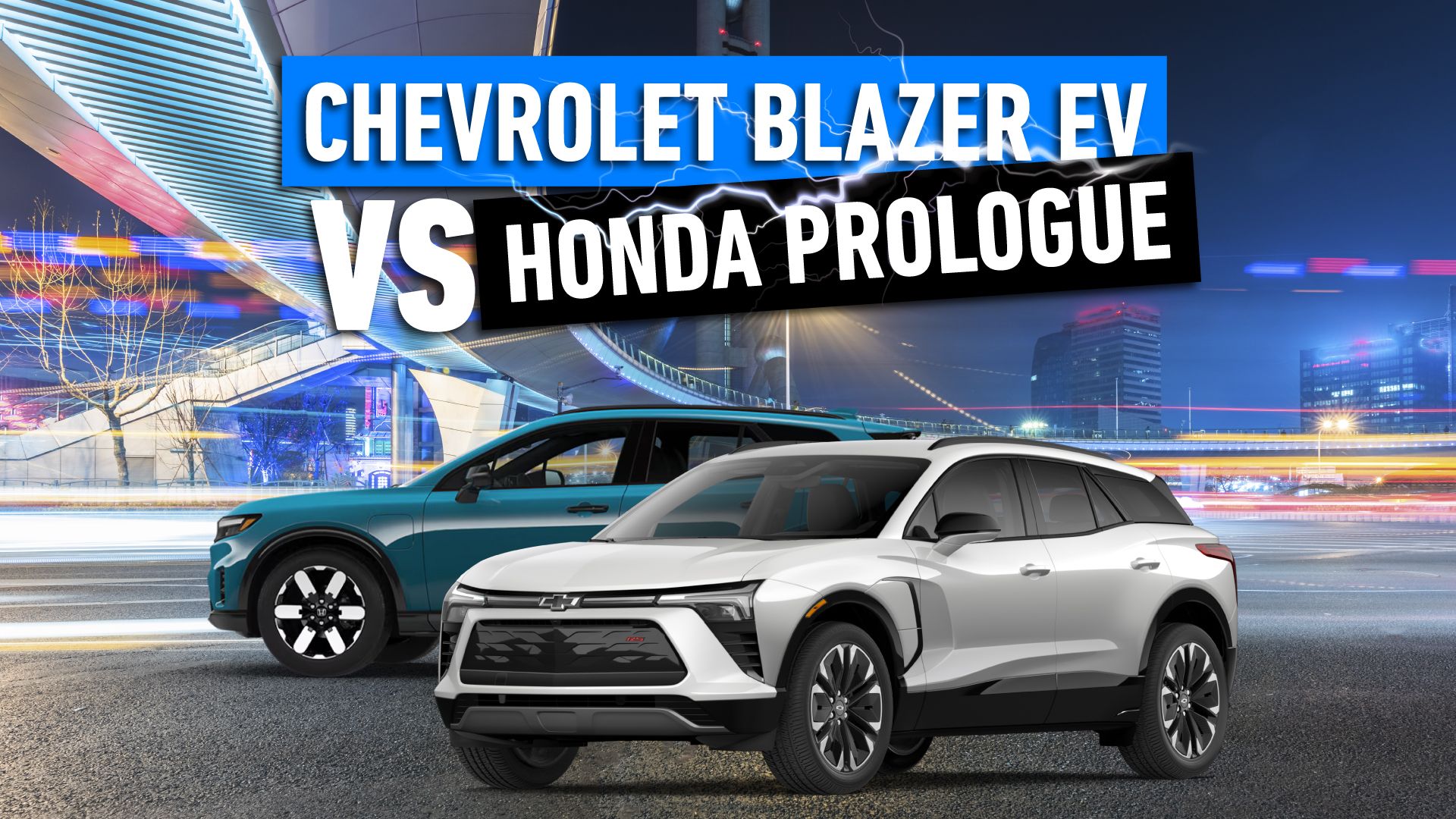 Imagem de um Chevrolet Blazer EV branco e um Honda Prologue azul