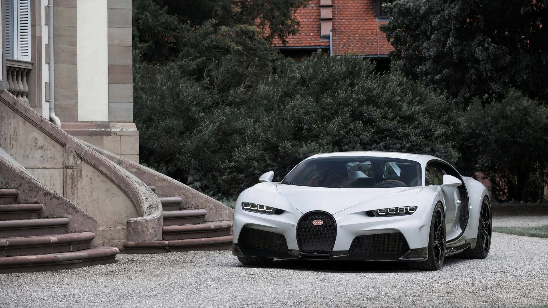 2024 Bugatti Chiron Super Sport in white Posing outside of stately home