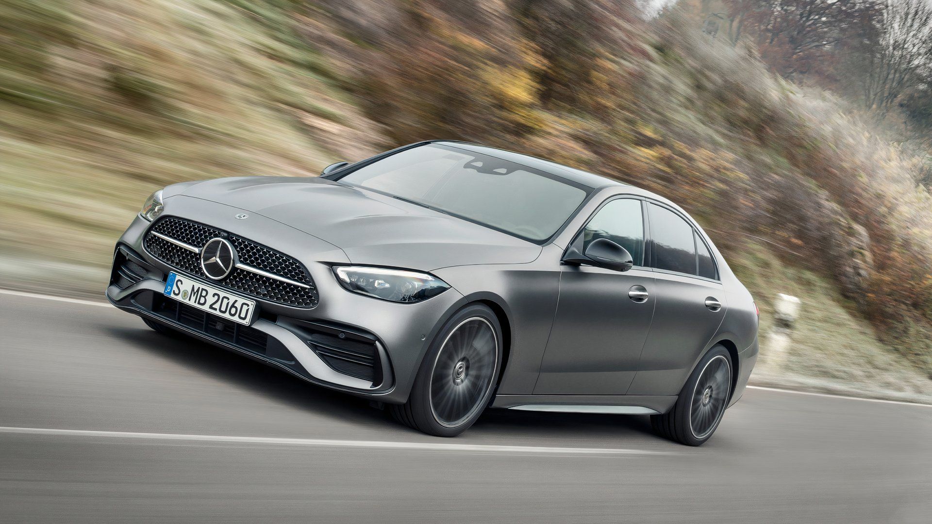 Front three-quarters shot of a silver Mercedes C300