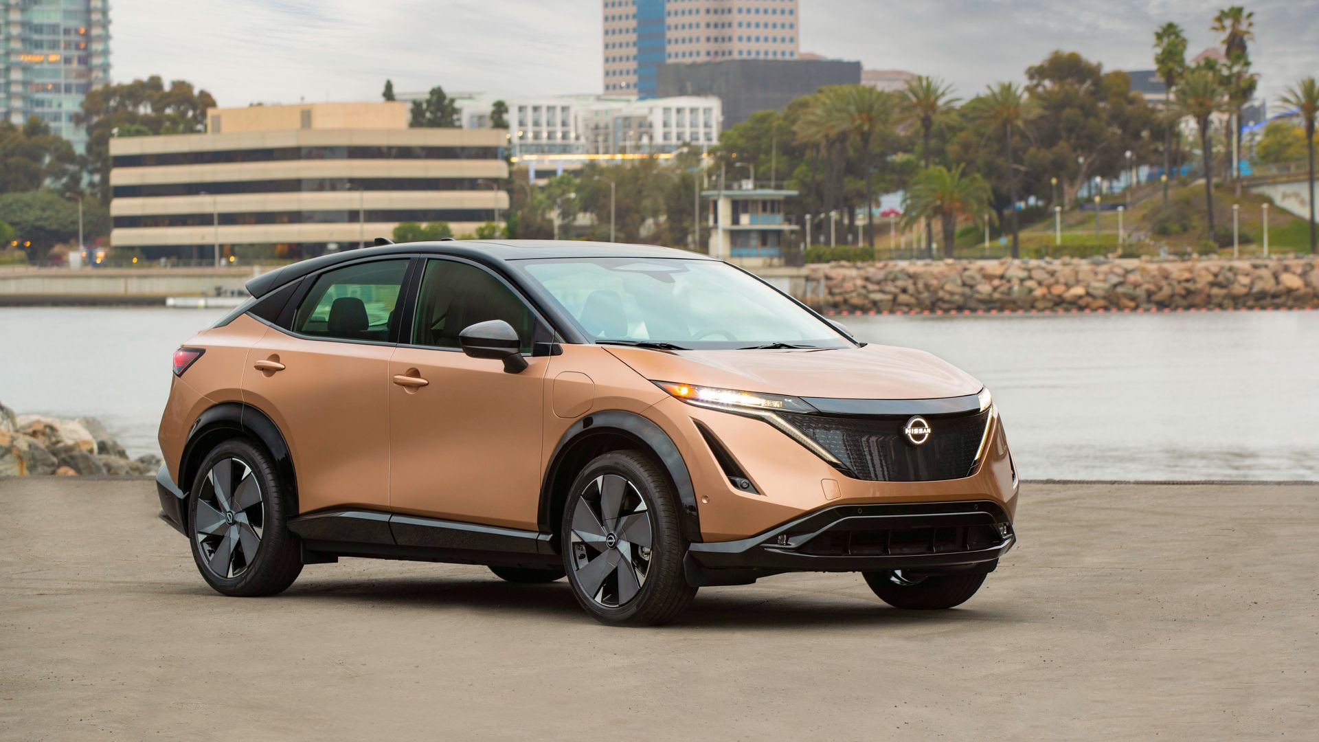 A Nissan Ariya's sleek profile.