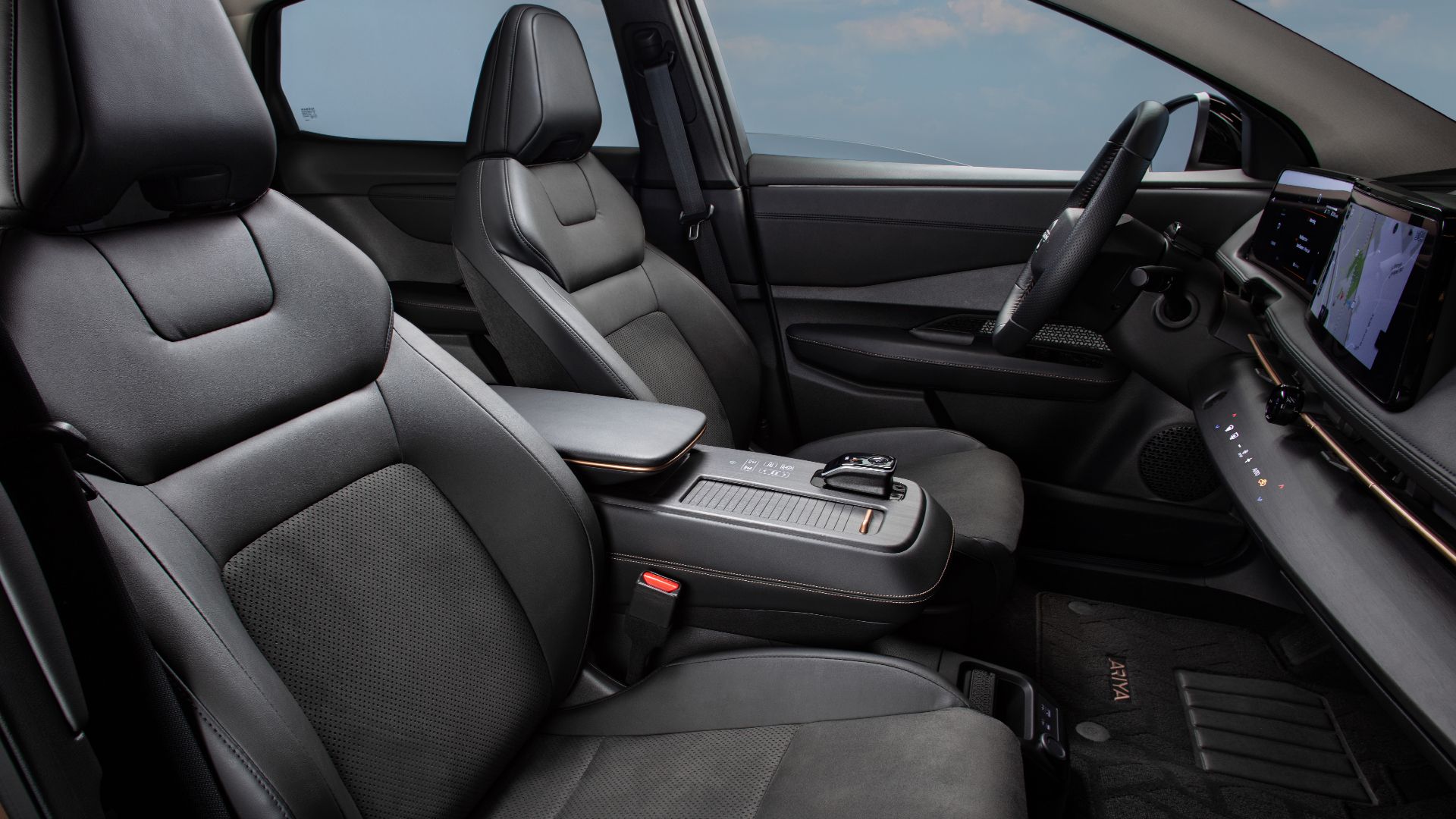 2024 Nissan Ariya Interior overview of front row seats.