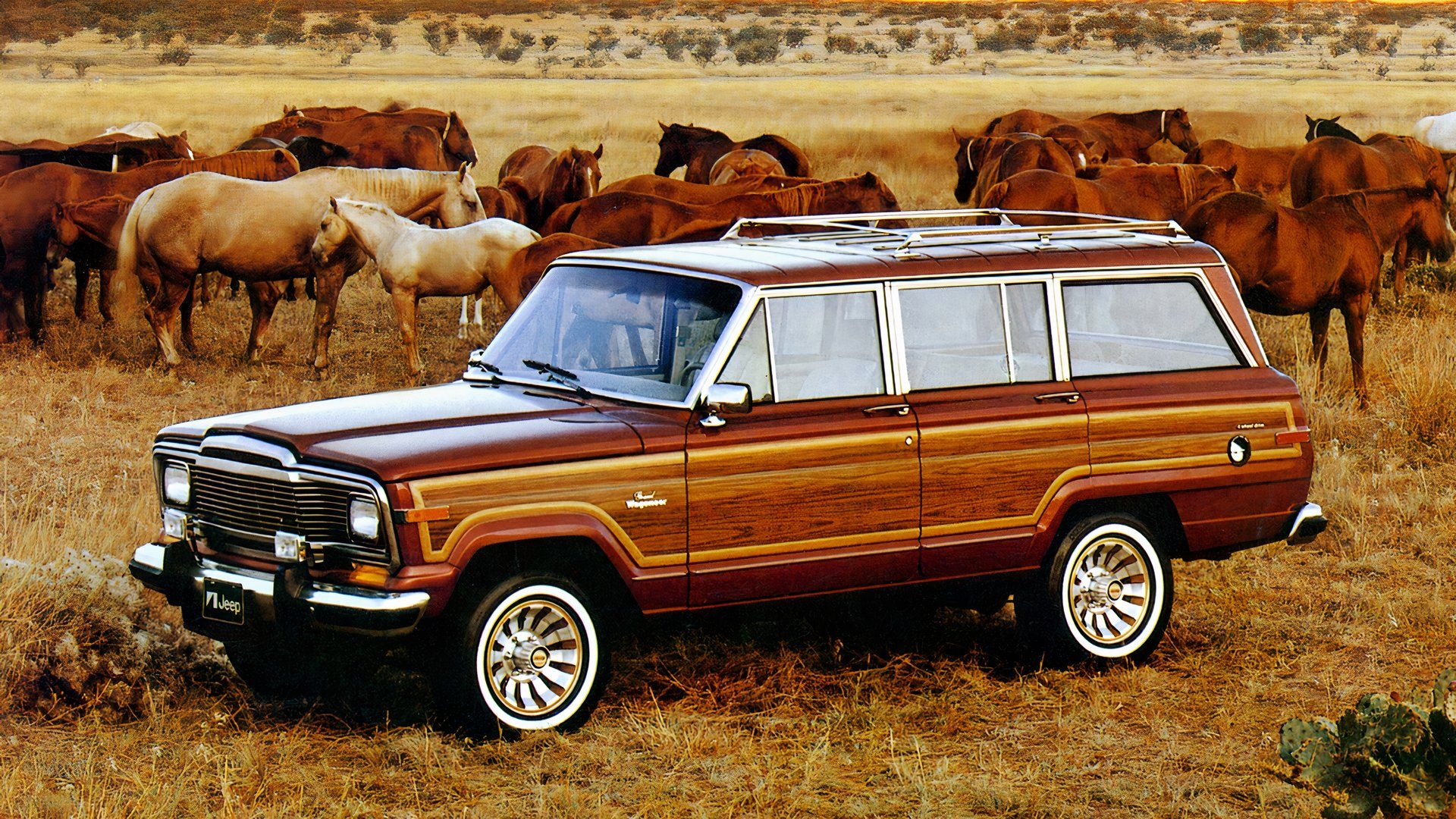 Jeep Grand Wagoneer marrom 1984 estacionado fora da estrada 