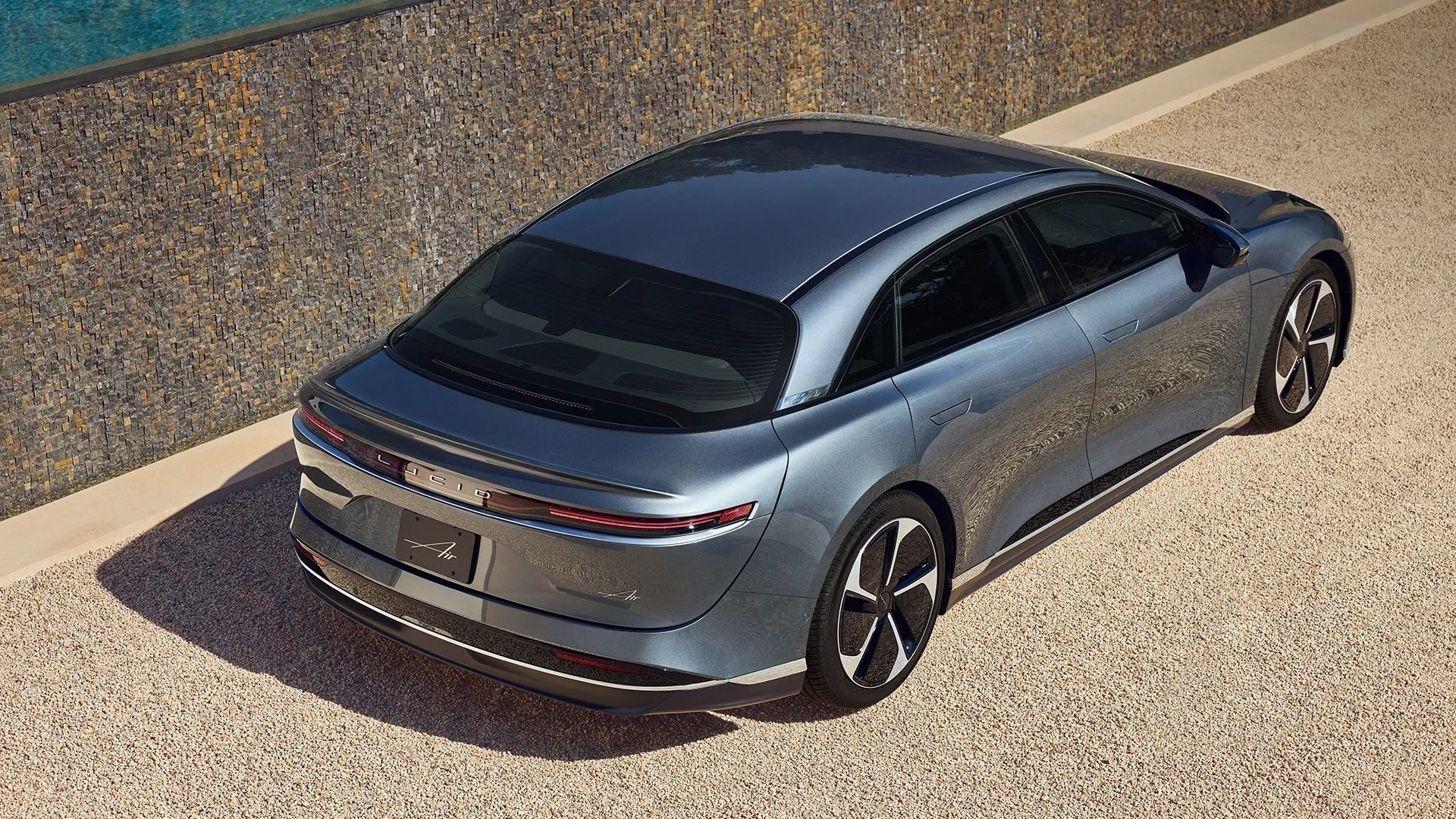 Silver Lucid Air Pure rear-quarter top-down