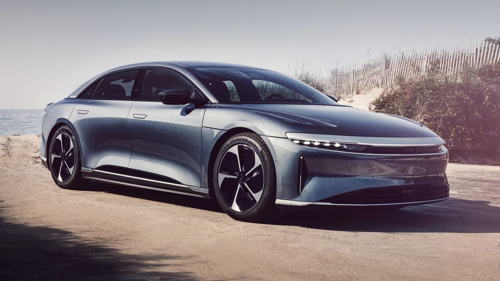 Silver Lucid Air Pure front-quarter