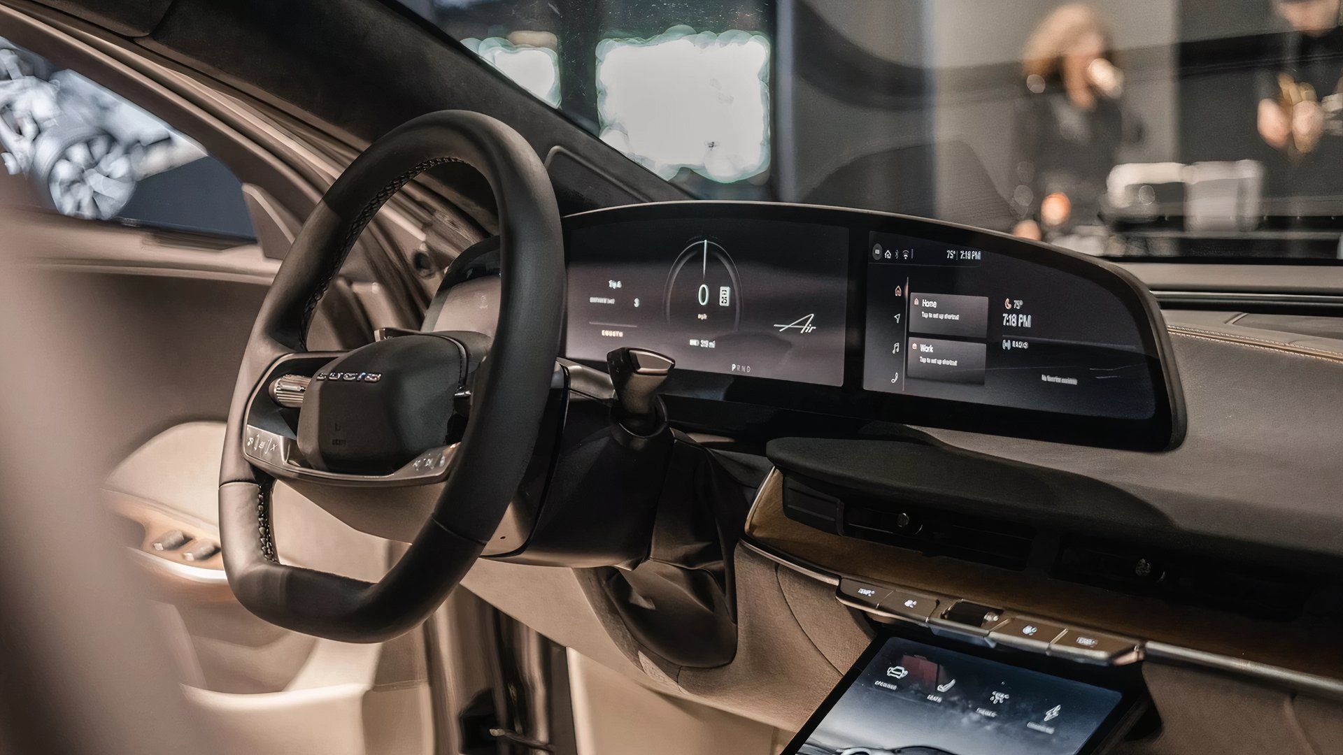 The interior of a 2025 Lucid Air electric car. 