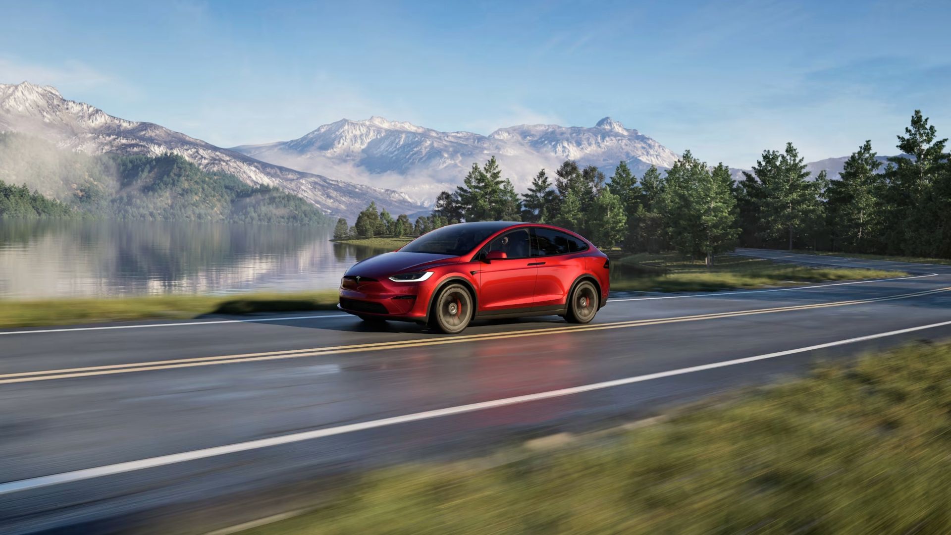 Tesla Model X com fundo de montanha