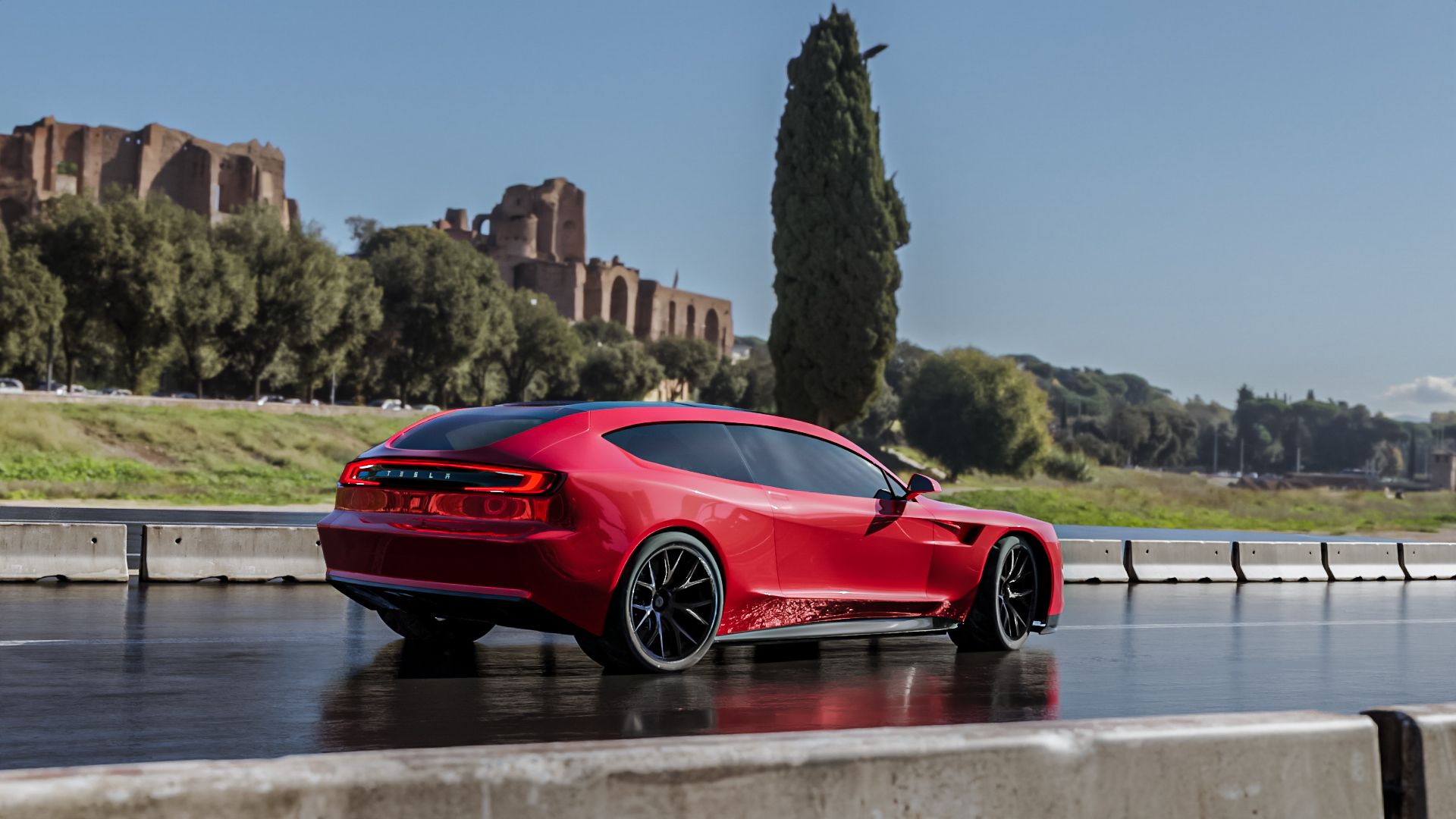 Rear three-quarters angle of the 2025 Tesla Model 2 Rendering