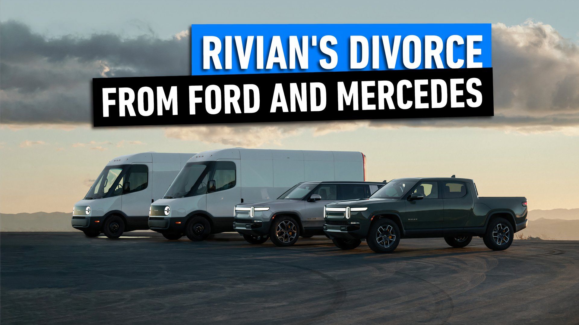 Linha de modelos Rivian estacionada em uma garagem