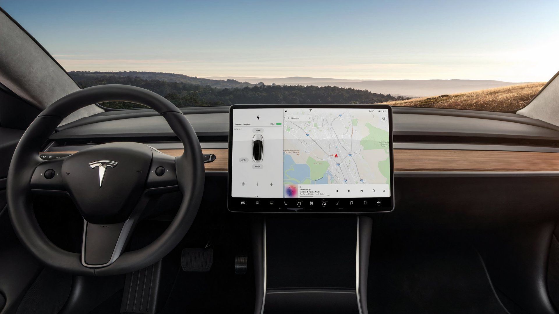 Interior do Tesla Model 3 2017 com tela sensível ao toque de 15 polegadas