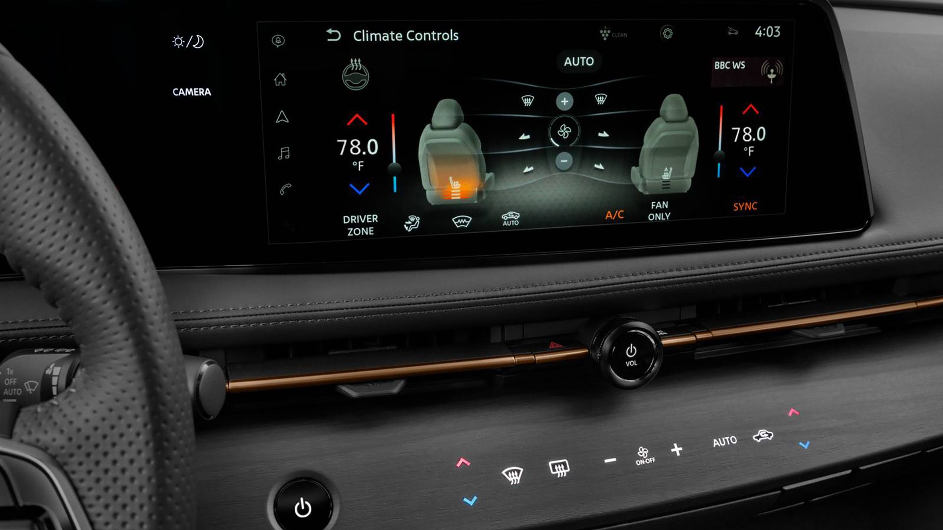 A shot of a Nissan Ariya's console showing the infotainment display system
