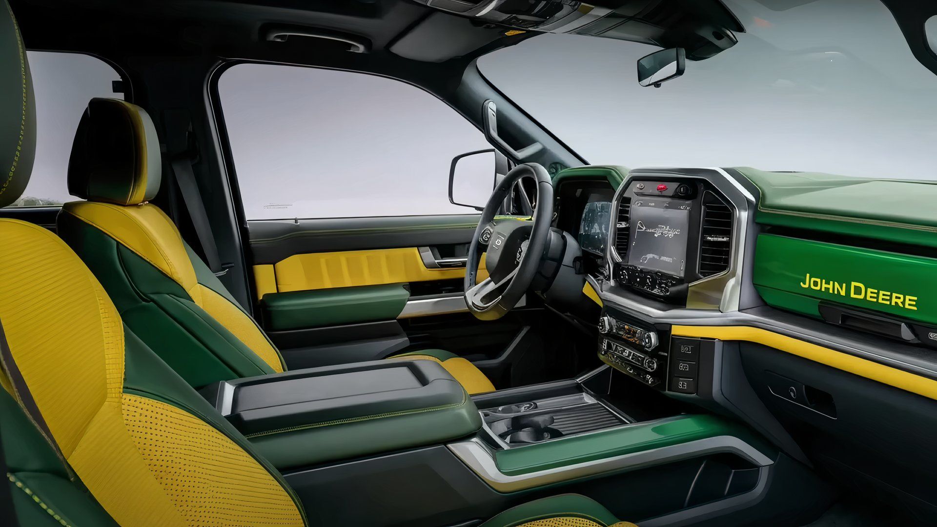 Uma renderização de como seria o interior de uma picape John Deere 