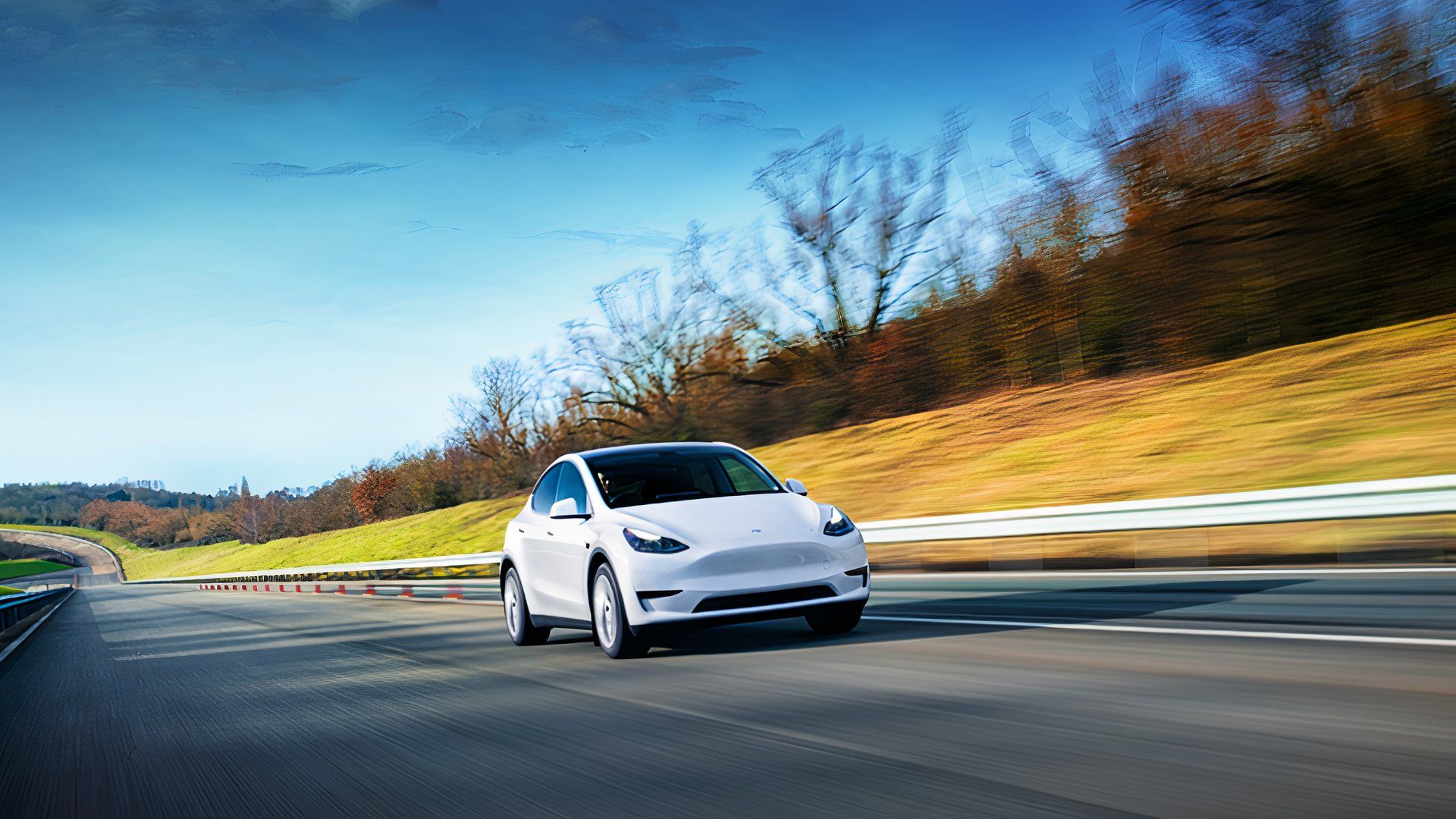 A white Tesla Model Y small electric SUV is driving on the road.